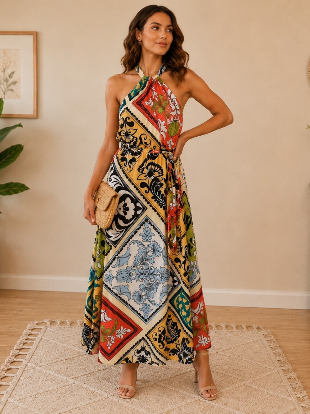 Cato Small Maxi Dress Colorful Patchwork Scarf Print Halter Boho Resort